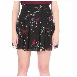 Maje Unique "Jiji Bird" Print Flowy Chiffon Skirt, Black-Multi, Sz (1 XS-S)